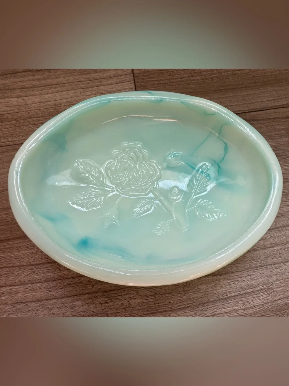 vintage 1970s Avon soap dish & bowl slag glass teal white jadeite-like finish